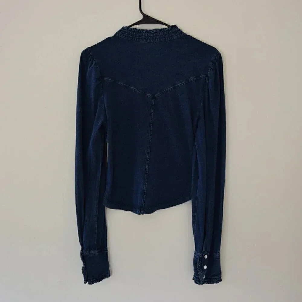 FREE PEOPLE Fitted Cotton Button Down Long Sleeve Top Blue Size Large - Picture 6 of 10